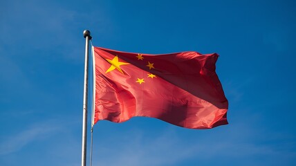 Chinese National Flag Waving Against a Clear Blue Sky on a Sunny Day