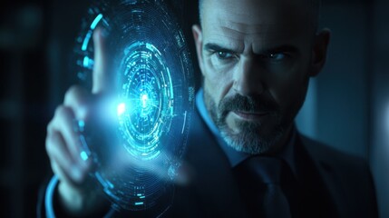 Intense Businessman Interacting with Futuristic Holographic Interface Technology