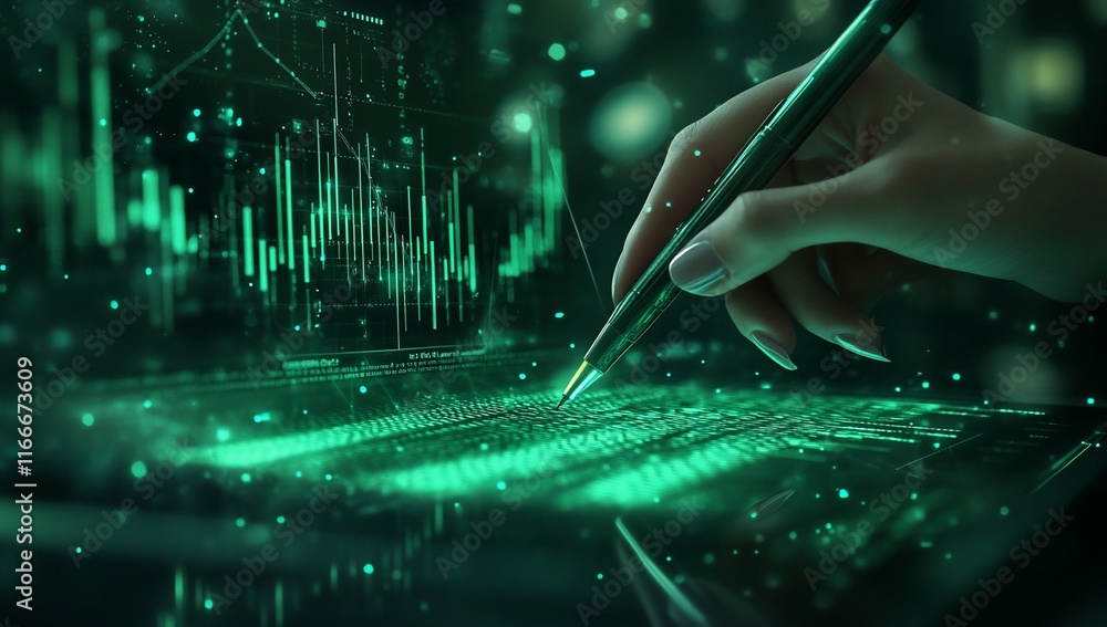 Poster Hand using stylus on tablet displaying green digital financial charts and graphs.