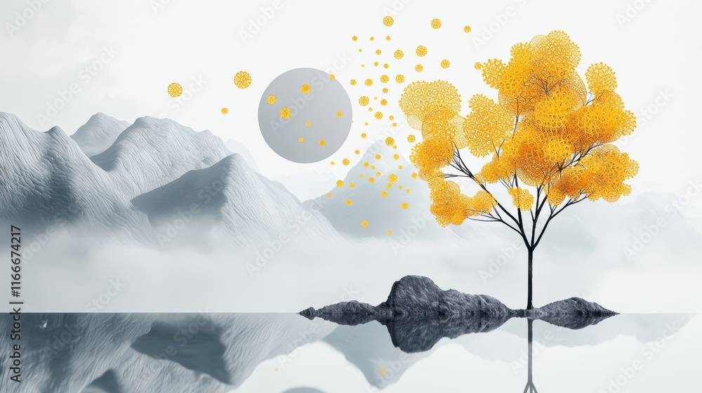 Poster a digital painting with fractal elements incorporated into a natural landscape, blending reality wit