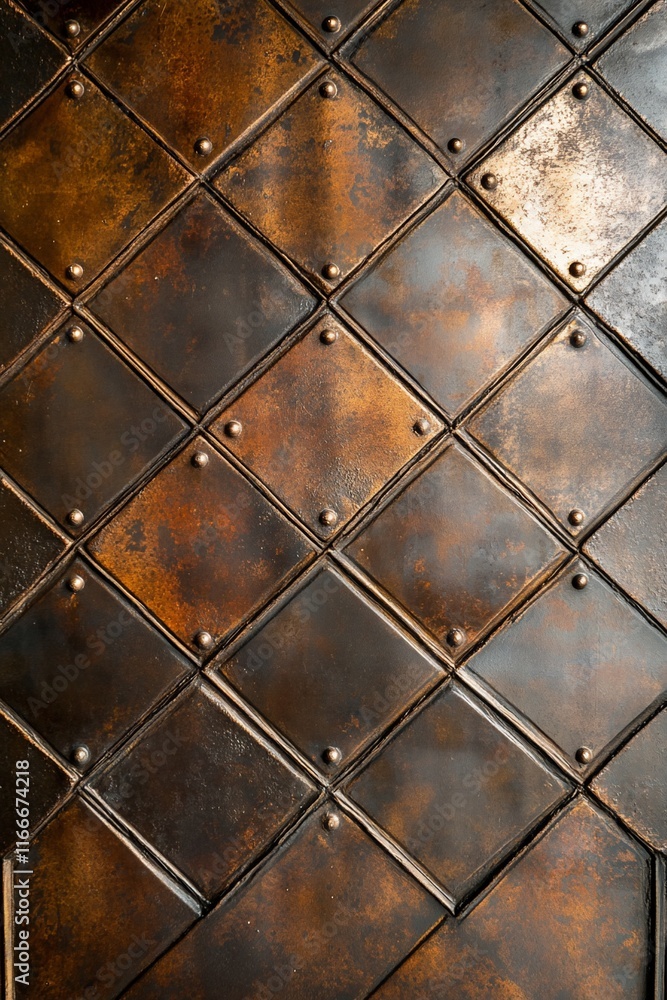 Poster close-up of a rustic diamond-patterned metal wall with rivets.