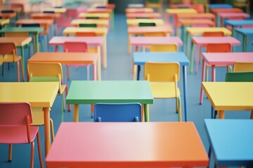 Colorful desks and chairs in a bright classroom.