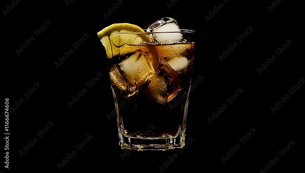 Poster refreshing cola drink with ice and lemon in a rocks glass on black background.
