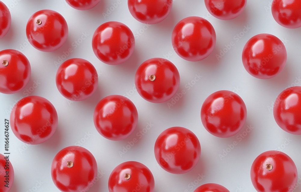 Poster red shiny spheres arranged in a repeating pattern on a white background.