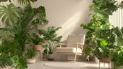 Fototapeta premium Tranquil Biophilic Design in Cozy Reading Nook with Lush Houseplants - 3D Render Illustration