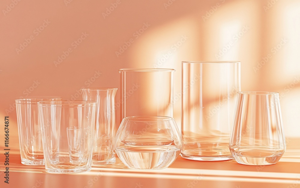 Aufkleber Collection of empty and partially filled clear glassware on a peach background in sunlight.