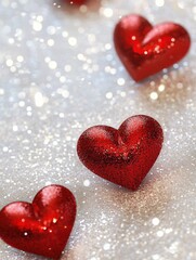 Obraz premium Valentines day decorative red hearts on silver glitter background