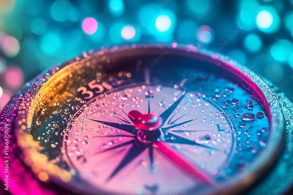 Poster close-up of a wet compass with colorful bokeh background.