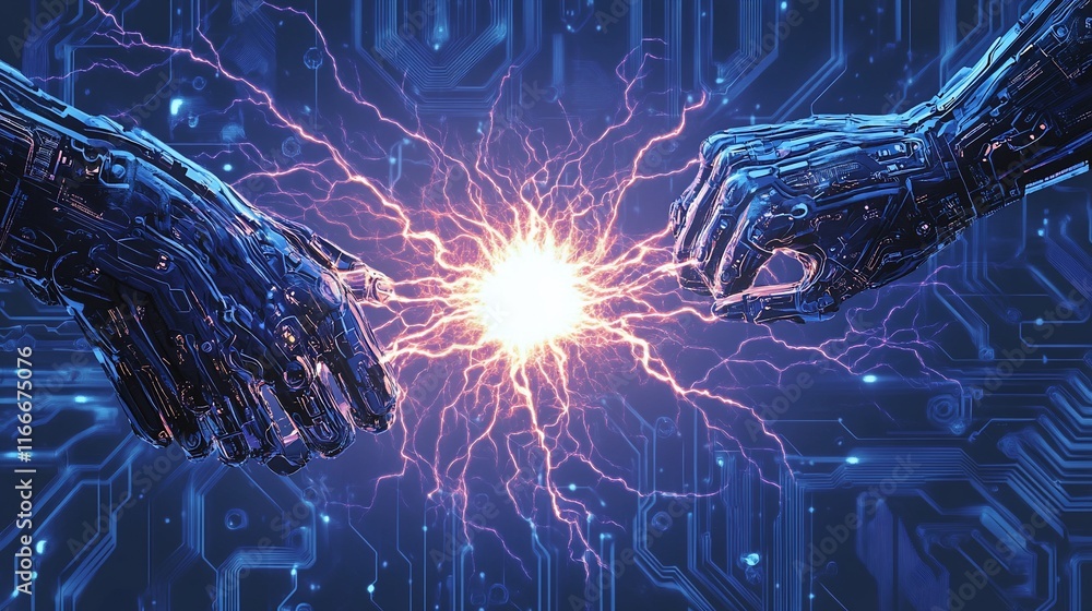 Poster two robotic hands connect, energy sparks between them against a circuit board background.