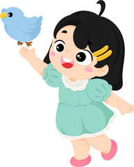 illustration kid playing with bird