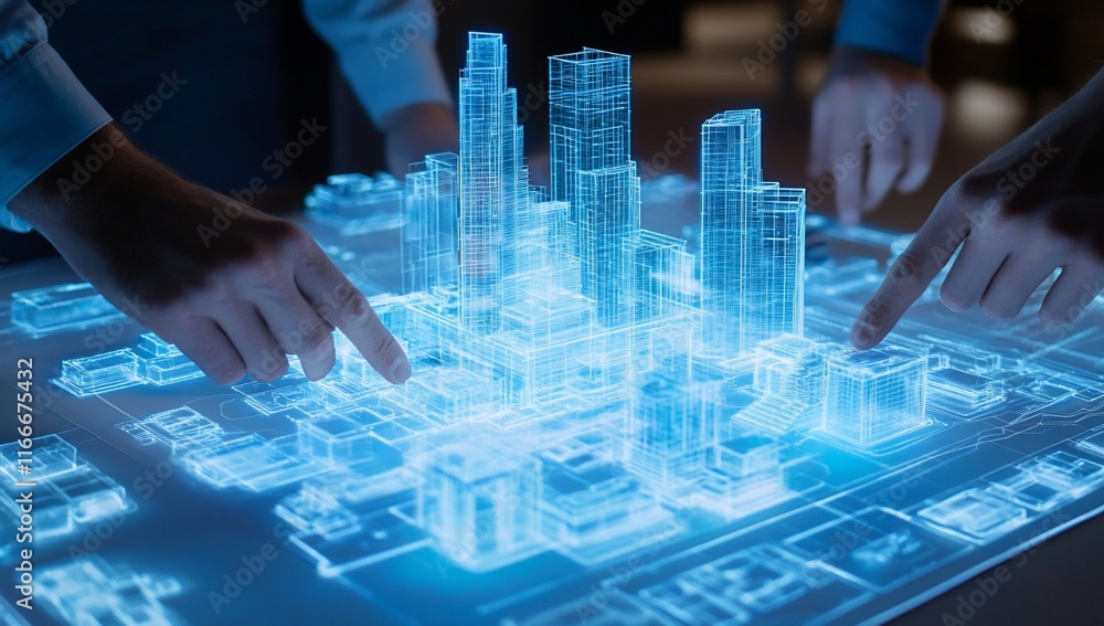 Aufkleber hands interact with a holographic city model on a digital table.