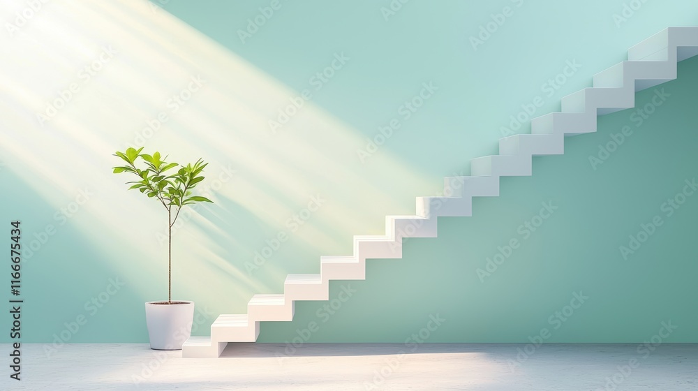 Poster a staircase with clean lines and a simple railing, leading up to a source of natural light.