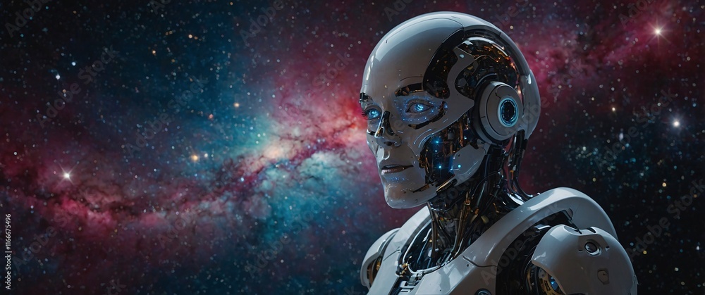 Poster cosmic android: a humanoid android with piercing blue eyes gazes thoughtfully into the vast expanse 