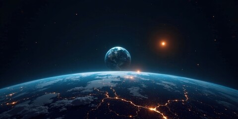A Celestial View Earth's Nightlights Gleam Beneath a Starry Expanse and Distant Luminary
