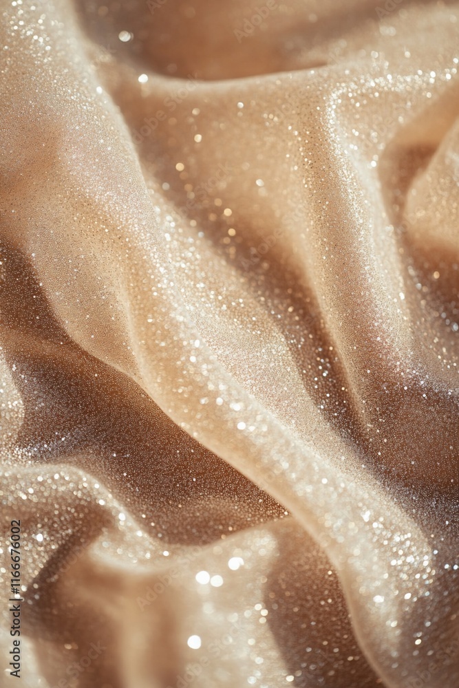 Poster close-up of shimmering beige fabric with soft folds and light reflections.
