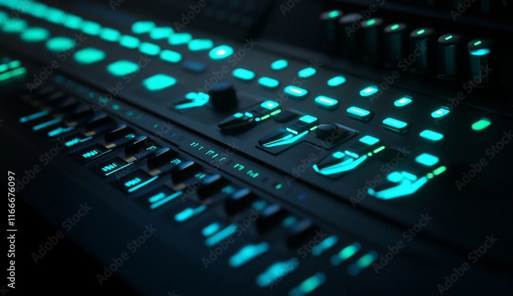 Poster close-up of a futuristic music synthesizer with glowing teal buttons and knobs.