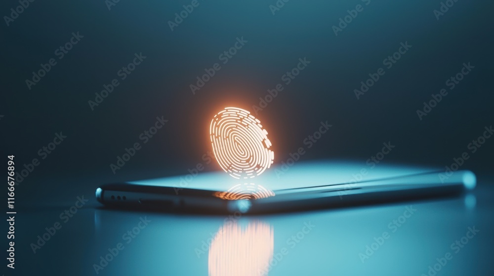 Poster a glowing fingerprint icon displayed on a sleek, modern smartphone screen, representing secure acces