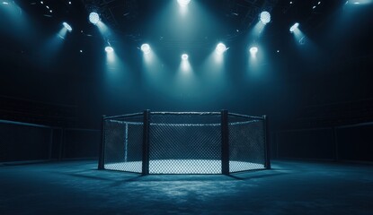Empty Octagon MMA Cage Under Bright Stage Lights: Awaiting the Ultimate Showdown
