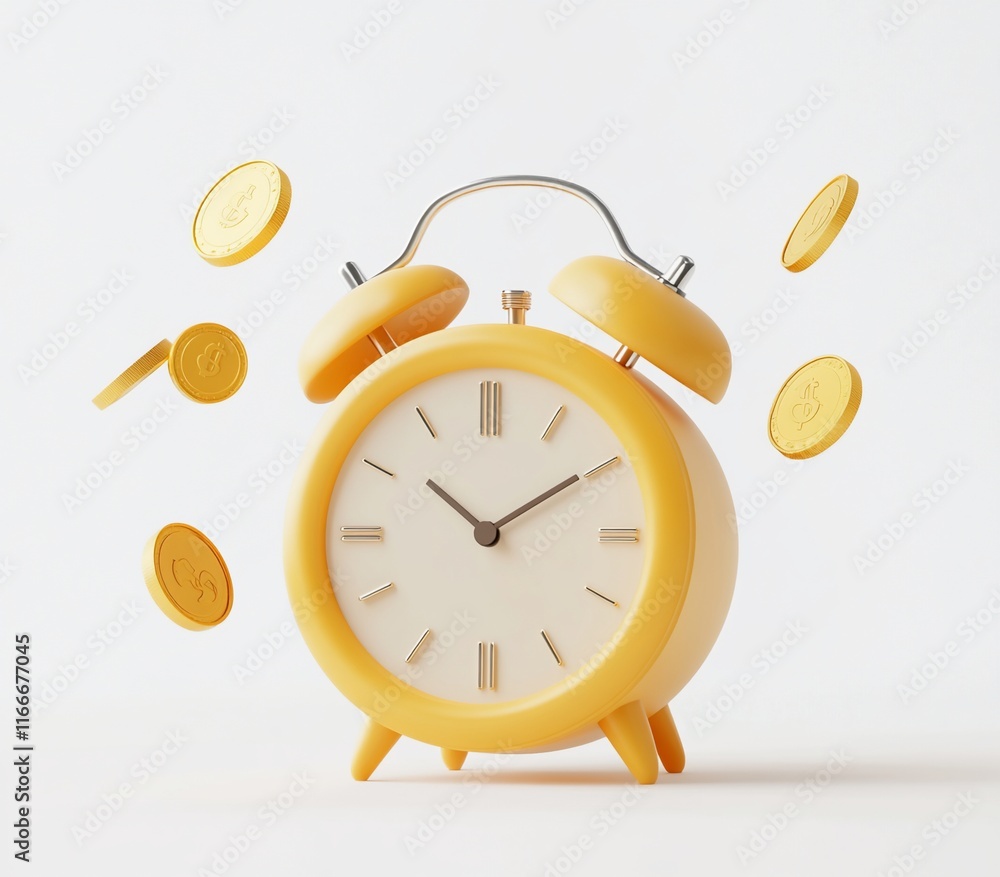 Poster yellow alarm clock with gold coins floating around it, isolated on white background.