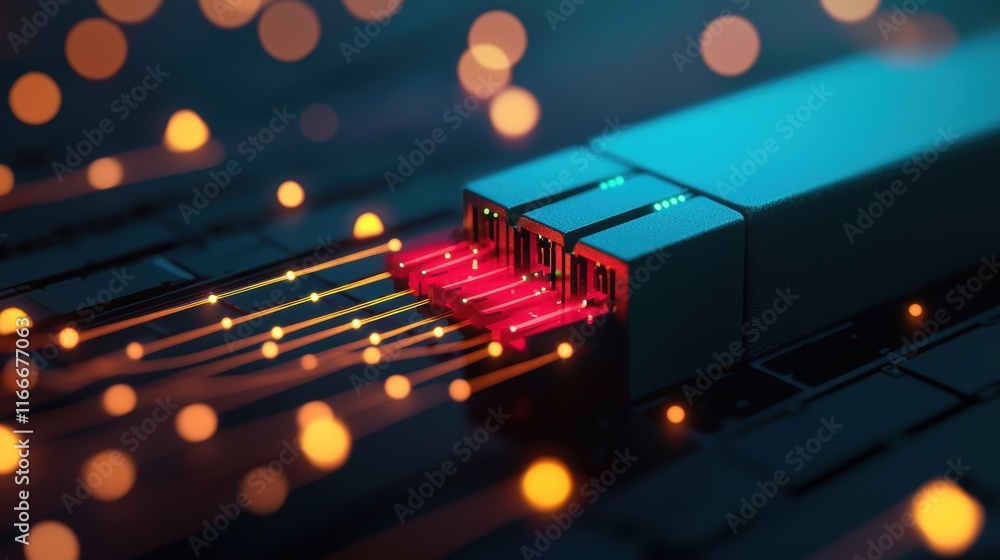 Poster complex network infrastructure with glowing lines representing data flow, routers, and firewalls saf