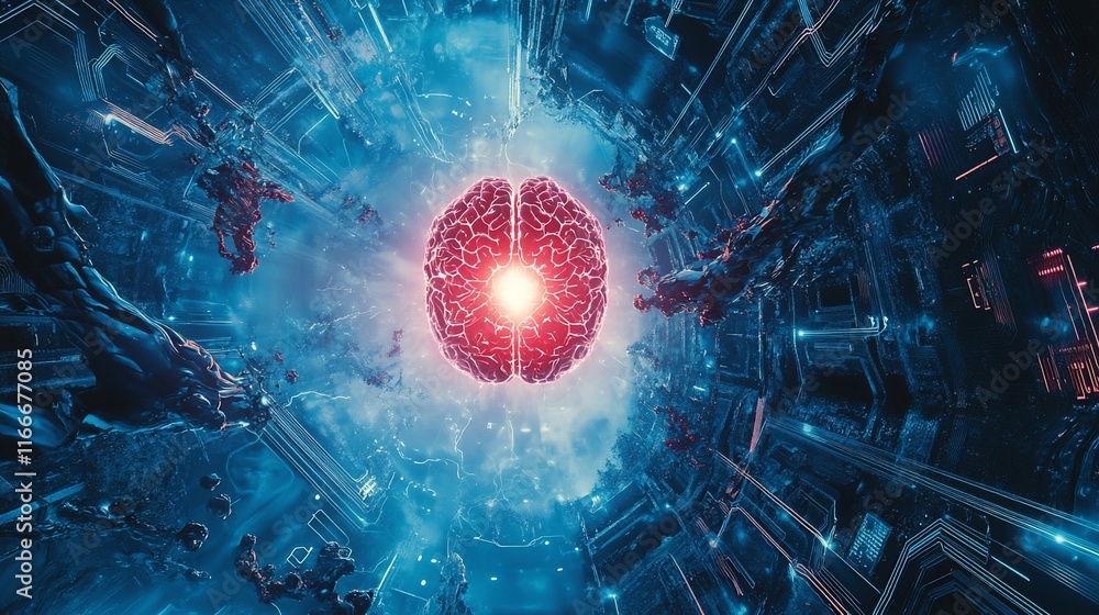 Aufkleber Glowing brain in futuristic digital space, surrounded by complex circuitry and robotic structures.