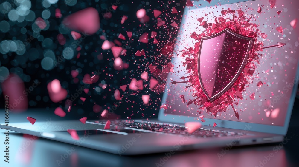 Poster a laptop screen displaying a shield icon deflecting incoming arrows, symbolizing effective cybersecu