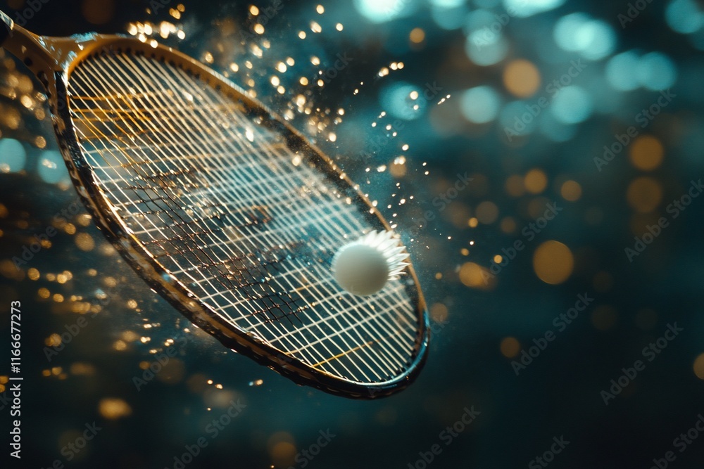 Poster close-up of a badminton racket hitting a shuttlecock with water droplets splashing.