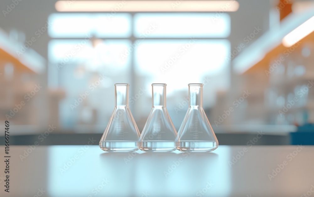 Leinwandbilder Three empty Erlenmeyer flasks on a lab table in a modern laboratory.