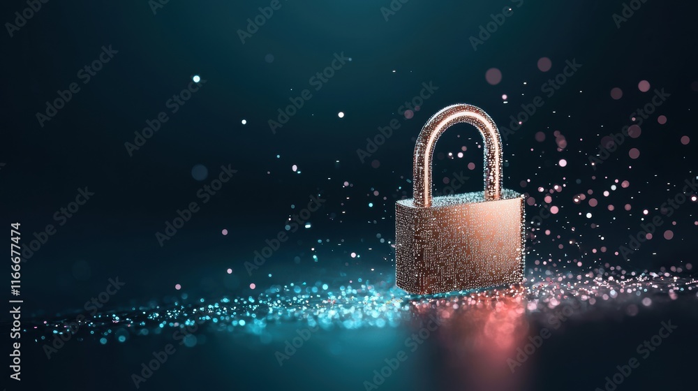 Poster binary code streams across a dark background, forming the shape of a padlock, signifying data encryp