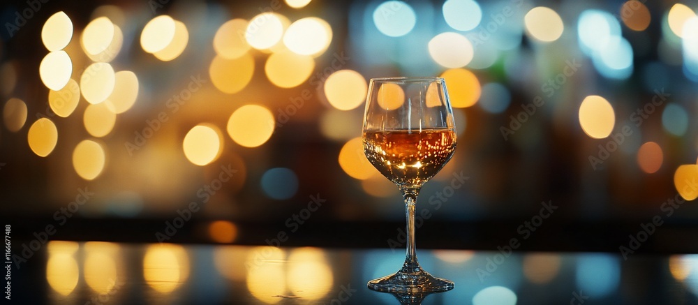 Poster wine glass on bar counter with bokeh lights.