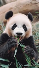 Fototapeta premium A panda munching on bamboo in a natural setting.