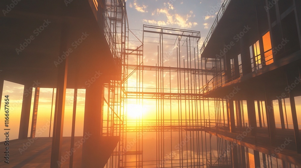 Poster sunset view through skeleton of modern building structure