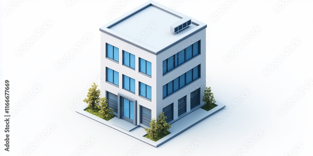Aufkleber isometric view of a three-story building with blue windows and green bushes.