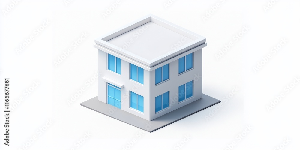 Aufkleber isometric view of a simple white building with blue windows.