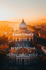 Plakat Aerial View of St. Peter's Basilica in Rome at Sunset: A Golden Hour Masterpiece