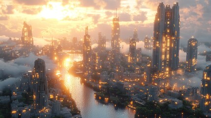 Fototapeta premium A futuristic cityscape at sunset, with glowing skyscrapers and a river reflecting light.