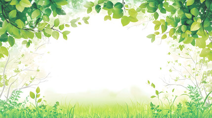 bright spring forest with light green foliage, creating serene and peaceful atmosphere. lush leaves frame soft, white background, inviting tranquility and nature beauty