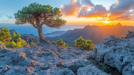 A stunning sunset over mountains with a solitary tree, showcasing natural beauty.