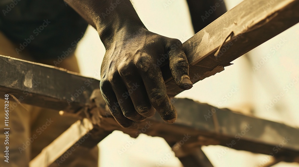Poster close-up of construction worker hands assembling framework