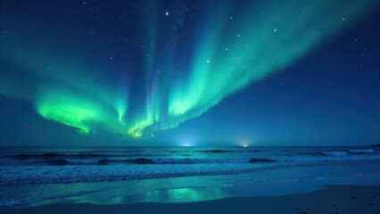 Naklejka premium Serene Coastal Night Featuring Vibrant Aurora Borealis Display Above Gently Rolling Ocean Waves