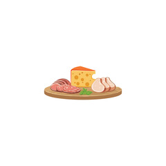 Flat vector illustration of cheese and meat on a wooden plate, white background, high resolution, no text, colorful, simple design, professional t-shirt design vector art style, no mockup effect, soli
