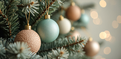 pastel glass ornaments on conifer branch