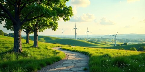 Obraz premium Serene Stone Pathway Winding Through Verdant Hills Under a Peaceful Sky, With Wind Turbines Gently Turning in the Distance