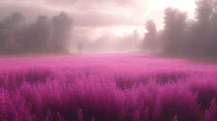 Pink Flowers Field Misty Sunrise Forest Background