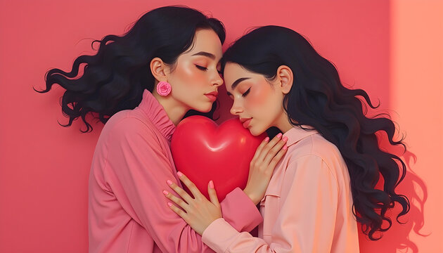 Dos mujeres abrazadas a un coraz&oacute;n y vestidas de rosa. Estilo anime