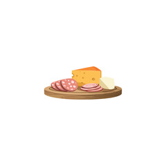 Flat vector illustration of cheese and meat on a wooden plate, white background, high resolution, no text, colorful, simple design, professional t-shirt design vector art style, no mockup effect, soli