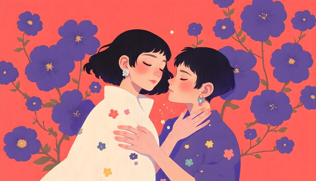 Dibujo de dos chicas bes&aacute;ndose con flores al fondo. Estilo anime