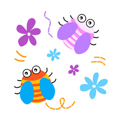 Cartoon of colored cute ladybugs with flowers