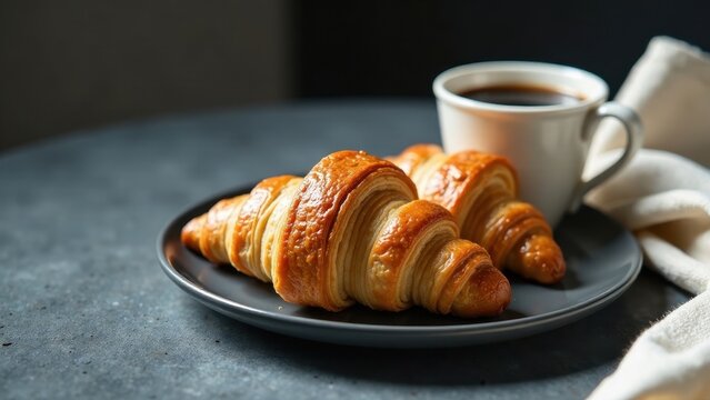 Golden-brown croissants and a steaming cup of coffee create a delightful morning scene on a dark gray plate