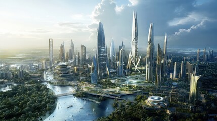 A futuristic cityscape featuring tall skyscrapers, greenery, and waterways.